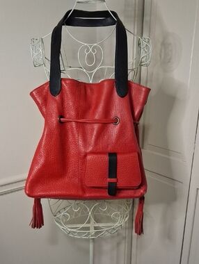 Maurizio Taiuti Red Leather Tote with Black Strap Accents